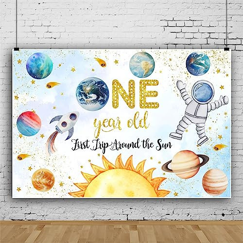 Bovlleetd Erste Reise um die Sonne Kulisse EIN Jahr alt Geburtstag Weltraum Reise Hintergrund Dekorationen Galaxie Thema Sonnensystem ersten Geburtstag Party Banner Zubehör 250x180cm