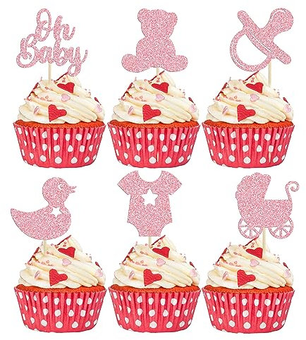 Gyufise 36Pcs Oh Baby Cupcake Toppers Glitter Pacifier Baby Carriage Bear Cupcake Picks Oh Baby Cake Decorations for Gender Reveal Baby Shower Kids Boys Girls Birthday Party Supplies Pink