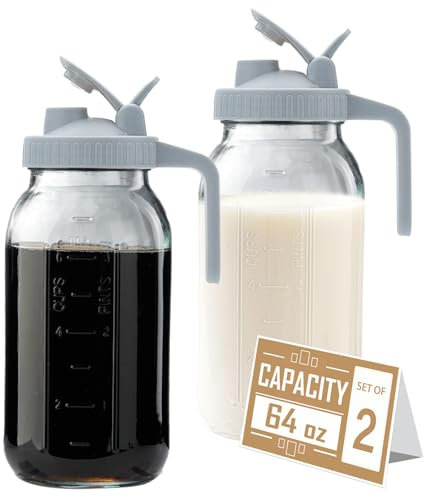 64oz Glass Pitcher with Lid - 2 Quart Mason Jar Pitcher with Spout, Leak-proof Milk Container for Refrigerator, Easy to Clean Wide Mouth Water Jug, Juice, Tea, Iced Coffee, Beverage and Drinks