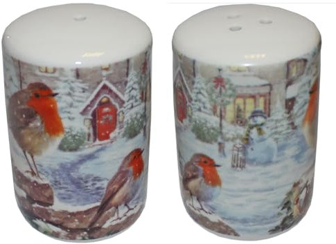 Christmas Salt and Pepper Pots Gift Boxed Fine China Tableware - Robin Design 7283