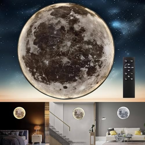 LED Mond Wandleuchte Modern Dimmbar mit Fernbedienung Wandlampe Mond Nachtlampe Runde Dekoration Lampe Ultra dünn Acryl Lampenschirm Nachttischleuchte für Kinderzimmer Schlafzimmer Wohnzimmer,80cm