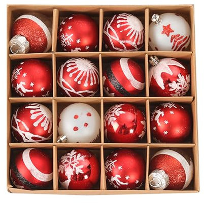 Norhogo Weihnachtskugeln Weihnachtskugeln mit Box, Weihnachtskugeln Kunststoff Set, 6CM Christbaumkugeln Weiße Weihnachtskugeln Rot, Christbaumschmuck Baumschmuck Weihnachten Deko 6cm/16pcs