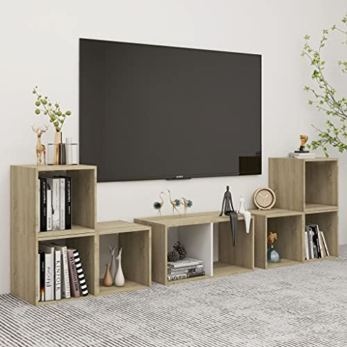 AJJHUUKI Home Outdoor Others6-teiliges TV-Schrank-Set, Weiß und Sonoma-Eiche, Holzwerkstoff