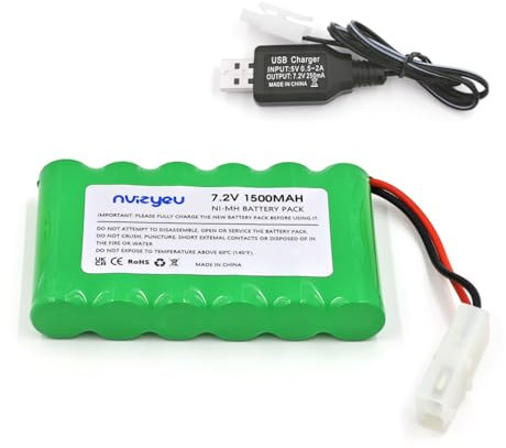 Nvizyeu Batteria da 7,2 V, batteria nimh da 1500 mAh, batterie ricaricabili AAA, spina KET 2P, adatta per auto radiocomandata, auto giocattolo elettrica, dotata di cavo di ricarica USB