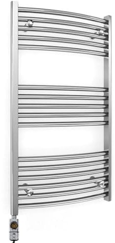 600mm Wide Curved Chrome Electric Bathroom Towel Rail Radiator Heater With AF Thermostatic Electric Element UK Pre-Filled (600 x 900 mm)