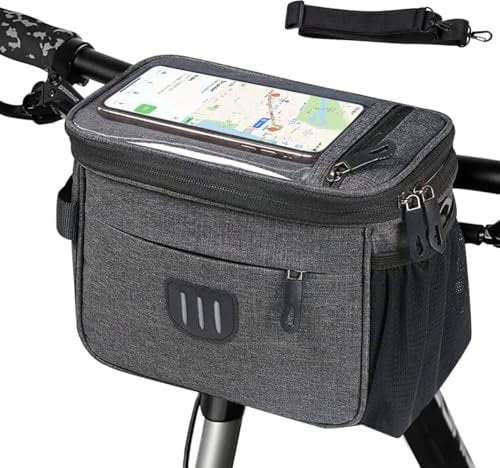 FonVan Fahrradkorb vorne Tasche, 5L Lenkertasche, Wasserdichter Fahrradkorb Tasche mit Touchscreen Vorne für alle Handy, Fahrradtasche mit Abnehmbarem Schultergurt, Radtasche mit Reflexstreifen
