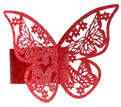 Wisafory Lot de 100 ronds de Serviette Papillon Sparking Film Anneau de Serviette en Papier Papillon Creux Serviettes Boucles Papillon Papier Napkin Anneaux Pour Mariage, fête, Banquet Rouge
