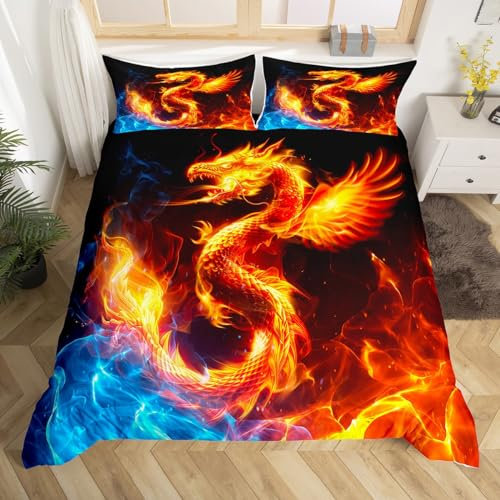 Loussiesd Kinder-Bettwäsche-Set mit Drachen, Motiv: Eis, Feuer, Drache, Wildtiere, Bettdeckenbezug, Gelb und Blau, Steppdecken-Set mit 1 Kissenbezug, 2-teilig