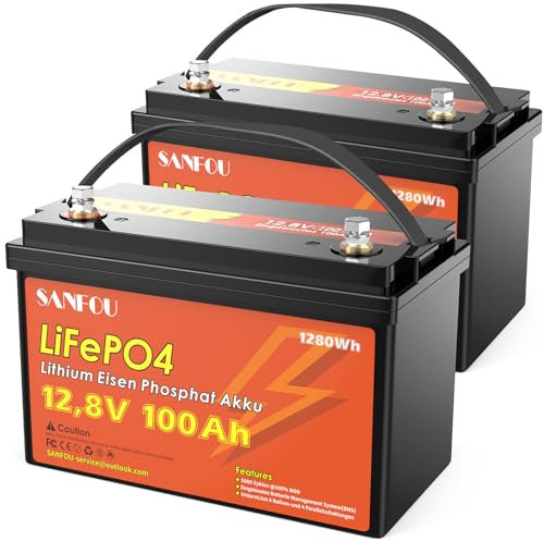 SANFOU 12,8V 100Ah LiFePO4 Batterie Pack 2, 2560Wh Lithium Akku, 5000-15000 Mal Deep Cycle Batterien, perfekt als Stromquelle für Wohnmobile Camping