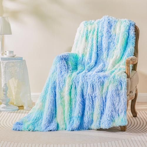 EMME Faux Kuscheldecke Flauschig, Felldecke, Pelz Wolldecke, Wohndecke, Super Weich, Plüschig, Dicke, Lange Haare Shaggy Decke, Warme für Sofa und Bett (Tie Dye Blau Grüne, 130 x 150 cm)