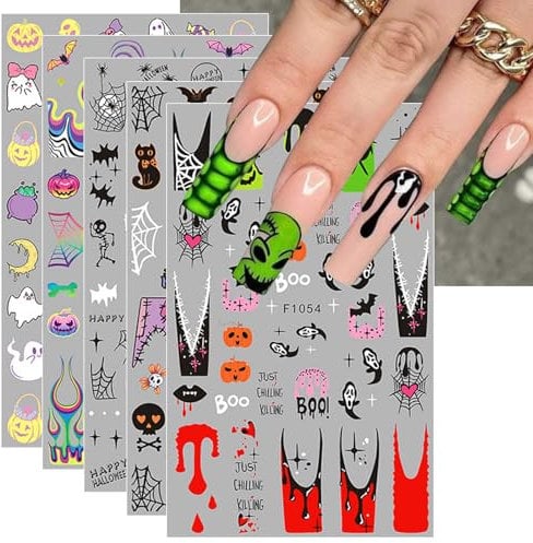 Halloween Nail Stickers, 12 Sheets Self-Adhesive Nail Decal Ghosts Pumpkin Cobweb Nail Art Decoration Design Supplies