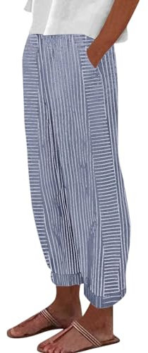 Leinenhose Damen 7/8,7/8 Leinenhose Damen Sommer Leicht Sporthose Baumwolle Leinen Stoffhose Lockere Sommerhose Lässig High Waist Strandhose mit Taschen Freizeithose Elegant,blau,M