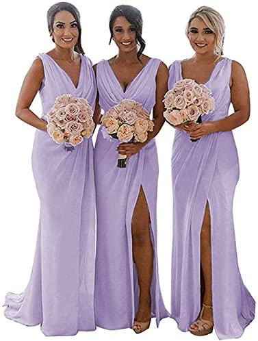 YIANN Chiffon Lilac Bridesmaid Dresses Long for Women Ruched V Neck Wedding Guest Dress Formal Evening Gown UK16