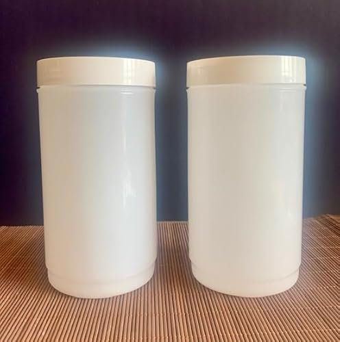 2 Barattoli in plastica color bianco traslucido, bocca larga con tappo a vite bianco, capacita 1 litro ciascuno, per uso alimentare, cosmetico e industriale