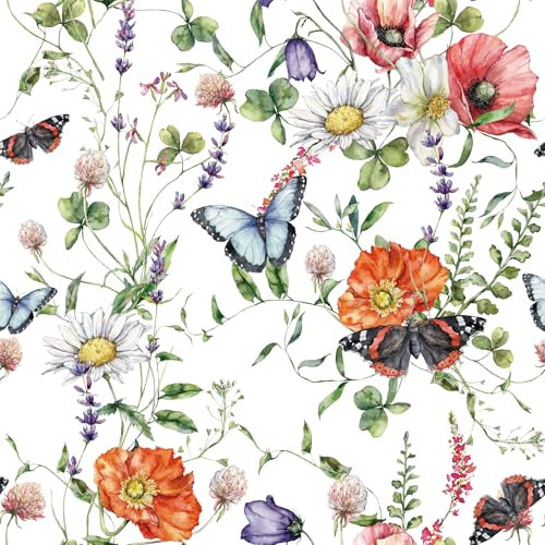 CHDITB Blumen Tapete Selbstklebend,Bunte Schmetterlings Wandaufkleber,Mädchen Schlafzimmer Tapete(44x300cm) Blumen SchmetterlingeWandtattoo,Blumen Tapete Für Kinderzimmer Wohnzimmer Deko