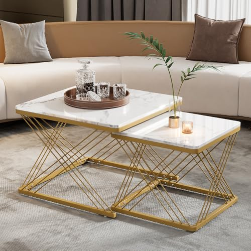 BTM Stilvolles 2-teiliges Couchtisch-Set, quadratische Tische in 60 * 60 * 45cm & 45 * 45 * 40cm, hochglänzende Marmoroptik, höhenverstellbare Füße, bis 30kg belastbar,Hochglanz-Kombi-Couchtisch