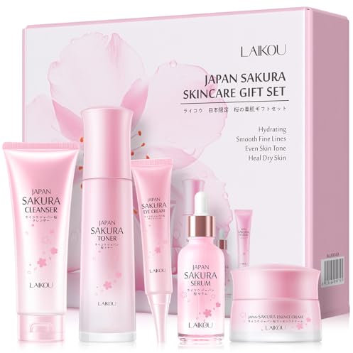 LAIKOU Set per la Cura Della Pelle Sakura, 5 Pezzi Japan Sakura Skincare Set, Detergente Viso Tonico Idratante Crema per Gli Occhi Siero Crema, Skin Care Kit Viso per Donne Adolescenti