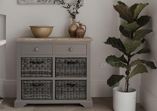 Florence Dove Grey Sideboard, 2 Drawers, 4 Removable Storage Baskets, Acacia Wood Top | 42D x 96W x 85H cm | Fully Assembled Dining Living Room Furniture (dove grey)