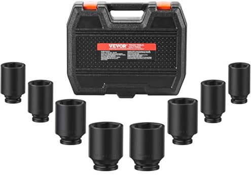 VEVOR Axle Nut Impact Socket Set - 1/2 Drive Deep 6-Point 8-Piece SAE Spindle Socket CR-MO Heat Treated Large Set With Storage Case for Auto Repair
