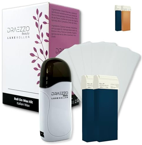 Draezzo Luxe Roll On Haarentfernungs-Set, Wachserwärmer, mit 2 Patronen und 100 Haarentfernungsstreifen, mittelgroß, blau