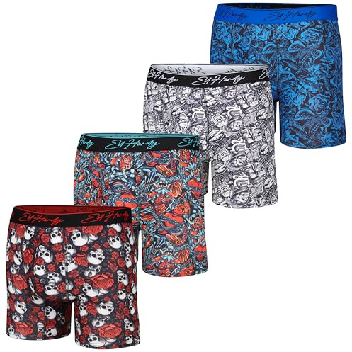 ED HARDY Mens Boxer Briefs 4 Pack, Soft Fabric Underwear, Pull On Closure, Machine Washable Comfortable Stretch Boxers