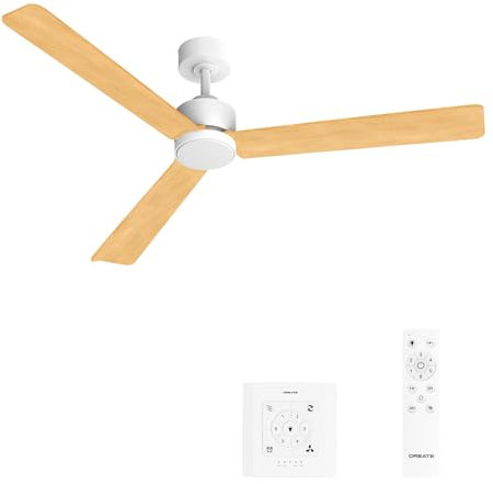 CREATE / WIND MODERN L/Ventilador de techo con luz blanco madera clara con controlador de pared y mando / 40W, Luz LED 3 temperaturas, Ø152 cm, programable, 6 velocidades, función verano-invierno