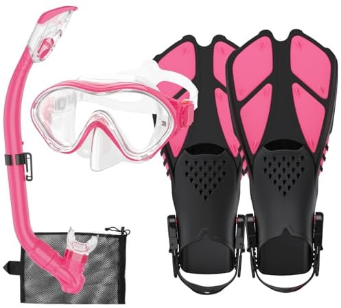 HH HHAO SPORT Schnorchelset Kinder mit Flossen, 180° Anti-Fog Panorama Weitblick Taucherbrille Kinder, Verstellbaren Schwimmflossen, Hochwertige Tauchermaske und Dry Top Schnorchel für Schwimmen