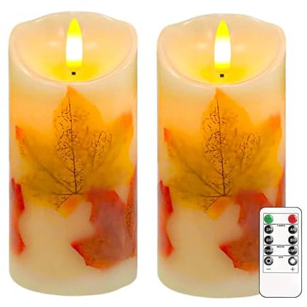 Justup Flammenlose LED-Kerzen, Set von 2 Flackernde LED Kerzen mit Fernbedienung und Timer, Dimmbare Säulen Kerzen Batterie betrieben, Kerzen für Herbst Halloween Thanksgiving Dekor (Ahornblatt)