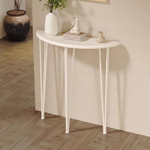 MAAOBR Consolle a Mezzaluna in Legno, Tavolo da Ingresso Sottile Bianco con Struttura in Metallo, Salvaspazio, Tavolino Semicircolare per Soggiorno, Corridoio(Bianco,80x25x90CM)