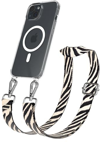 EAZY CASE Handykette - Verstellbares Taschenband kompatibel mit iPhone 15, Schulterriemen, Handykordel mit Silikon Hülle, Qi Charging kompatibel, Umhängetasche, Zebra - Schwarz Beige Silber