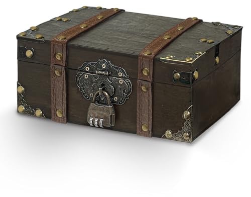 xiaowanwan Schatztruhe mit Zahlenschloss,Vintage Schatzkiste Holz,24 x 17 x 9.5cm,Schatztruhe Groß für Party-Requisiten,Aufbewahrung und Dekoration (Schwarzgrau)