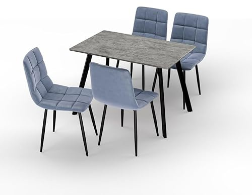 URBNLIVING 110cm Dining Table & 4 Velvet Chairs Set – Modern Metal Frame Kitchen Furniture, Contemporary Dining Room Set - Concrete Table Madison Blue Chair