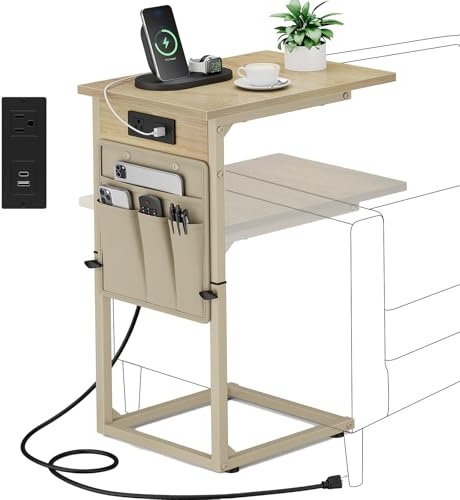 Vagusicc C Shaped End Table with Charging Station, Adjustable Height C Table End Table, Small Side Table for Couch, Couch Table Slide Under Sofa Table TV Tray Arm Table for Living Room,Bedroom,Natural
