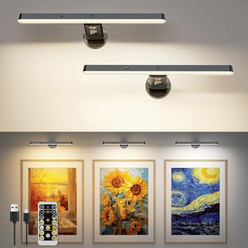 Bilderleuchte Kabellos LED Bildbeleuchtung Akku, 31cm 6000mAh Wandleuchte Ohne Stromanschluss,Dart Beleuchtung Licht 3 Farbtemperaturen Dimmbar mit Fernbedienung&Timer, für Malen,Foto,Portrait-2 Stück