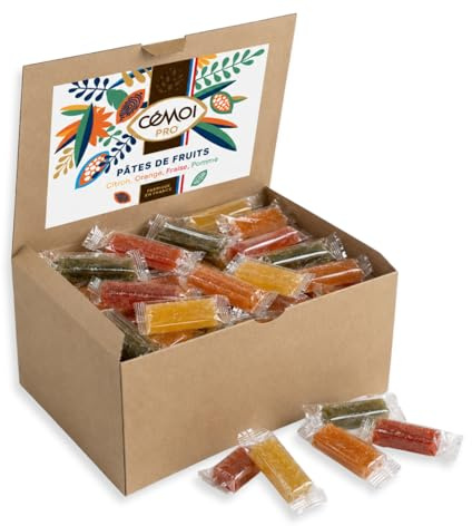 CÉMOI - Carton de 100 pâtes de fruits individuelles 20g - 2,05 kg | 4 saveurs citron, orange, fraise, pomme - fabrication française, 50% pulpe de fruit - goûter, école, association, comptoir