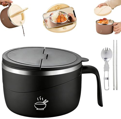 1200ml Stainless Steel Instant Noodle Bowl with Drainage & Phone Stand - Double-Walled Anti-Scald Ramen Bowl with Handle, Utensils & Leak-Proof Lid, Portable Food Container for Soup & Pasta (A)