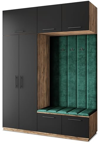 Masseno Flugarderoben Set Rema, Kleiderschrank-Set mit Sitzbank, Garderobenschrank Flur mit 5 Regalböden, Eiche Lefkas/Schwarz