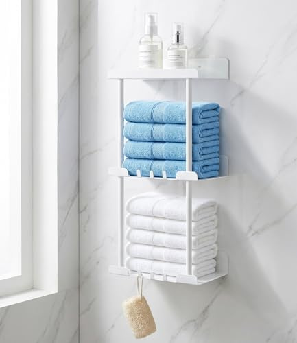 Gyxova Porte Serviette Salle de Bain Mural, Rangement Serviette Salle de Bain, 3 Étages Porte Serviette Mural sans Perçage avec 6 Crochets, Convient pour Cuisine, Salle de Bains, hôtel, Blanc
