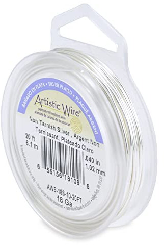 Artistic Wire 1.0 mm Alambre de Cobre de Color Chapado en Plata Resistente al deslustre, Plateado, 18 Gauge, 20 ft
