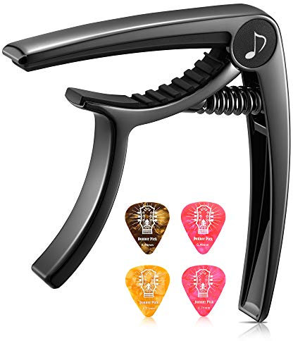 Donner DC-2 Guitar Capo for Acoustic and Electric Guitar Ukulele Bass Mandolin and Banjo with Guitar Picks, Black