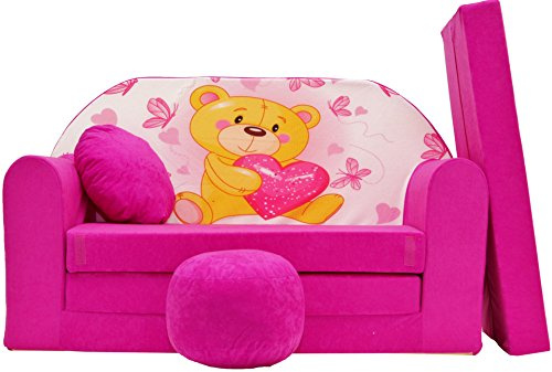 Pro Cosmo Divano letto pieghevole per bambini con funzione letto Perfetto per giocare e dormire - Con materasso, cuscino e pouf sfoderabili - 98x168x59 cm - H3 Rosa - Orsetto di peluche con un cuore