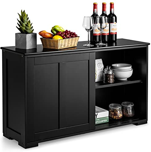 COSTWAY Wooden Storage Cabinet, Buffet Sideboard Server Table with Sliding Door and Adjustable Shelf, Console Cupboard Display Organiser Unit for Home Kitchen Living Room (Black, without glass)