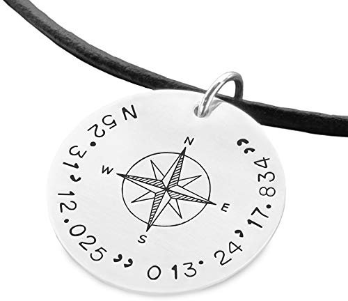 Herrenkette Gravur Halskette Männer personalisiert GPS LEDER 925 Silber Lederkette Herren mit Kompass und Koordinaten Geschenk Mann Freund
