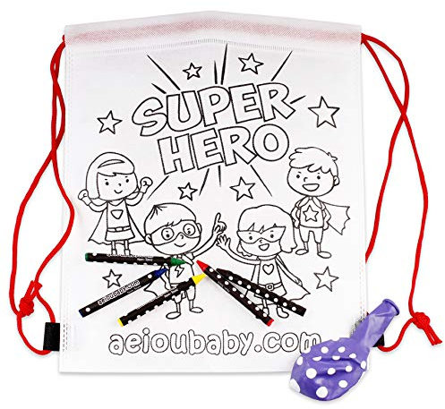 aeioubaby.com 10 Rucksack zum Ausmalen | 10 einzelne Taschen mit 5 bunten Wachsmalstiften und Luftballon | Geschenk Kinder auf Festen und Geburtstagen (Helden)
