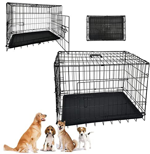 Small Dog Cages Puppy Dog Crate Small 20 inch Folding 1 Door 1 Lock Black Crate Heavy Duty Animal Transport Pet Carrier With Removable Plastic Tray & Carrying Handle
