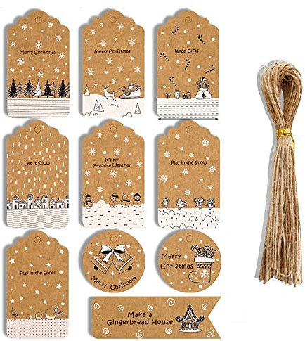 50 Pack Elch Schneeflocke Kraftpapier Etiketten Anhänger Partyzubehör Christmas Karten, Geschenkanhänger für Weihnachten, Naturkarton Kraftpapier Preisschilder, Braun, S