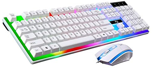 XYLXJ Adjustable Backlight Colorful Mechanical Feel Keyboard Kit,LED 104 Keys USB Wired Keyboard Floating Key Anti-slip Keyboard and Mouse Kit for Windows PC Gamer White(White)