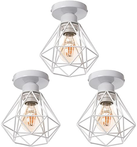 TOKIUS Deckenlampe, 16CM Vintage Deckenleuchte im Industrial Design Retro E27 Lampe aus Eisen Käfig Pendelleuchte Weiß (3 Stücke)