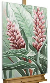 KunstLoft Leinwandbild | 100% HANDGEMALT | 60x90cm | Gemälde 'Jungle Blossom' | Pflanzen & Blätter | Rot Schwarz-Weiß | Wandbild Wohnzimmer