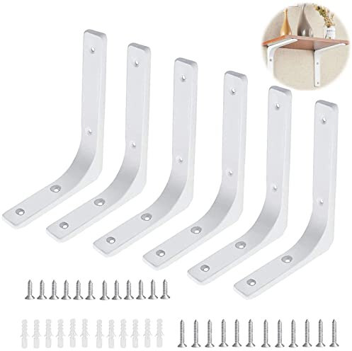 SAMSYOKI 6pcs Staffe per Mensole Pesanti, Reggimensole Pesanti da Muro in Acciaio con Viti Supporti per Mensole Metallo a L per Appendiabiti Portaoggetti Scarpiera Libri 150 * 125mm Bianco